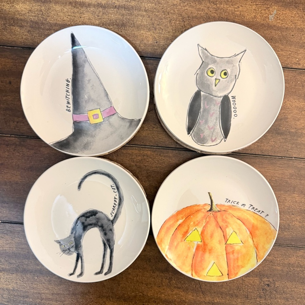 RAE DUNN Artisan Fat Jack Whooo Bewitching Scaredy Cat Round Plate Set Retired